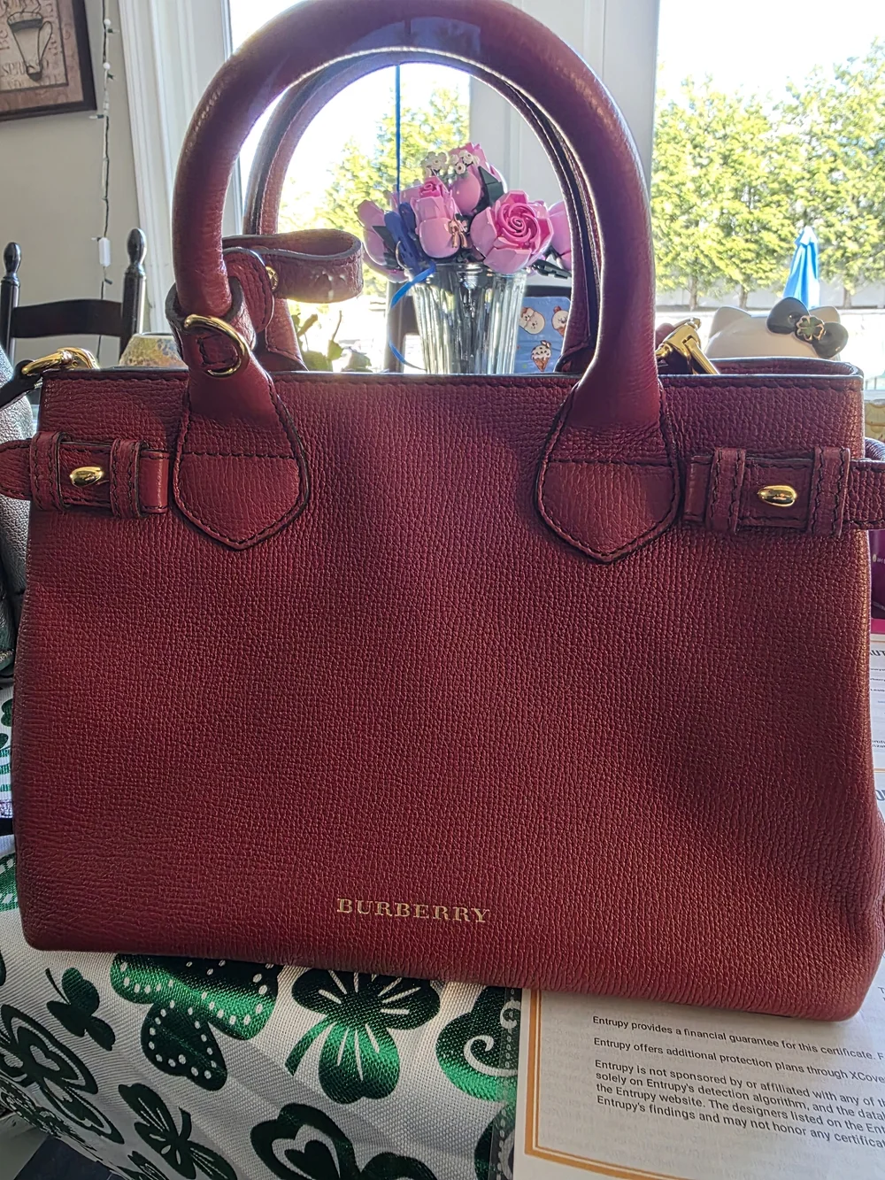 Burberry Burgundy Pebbled Leather Top-Handle Satchel - Picture 2 of 16